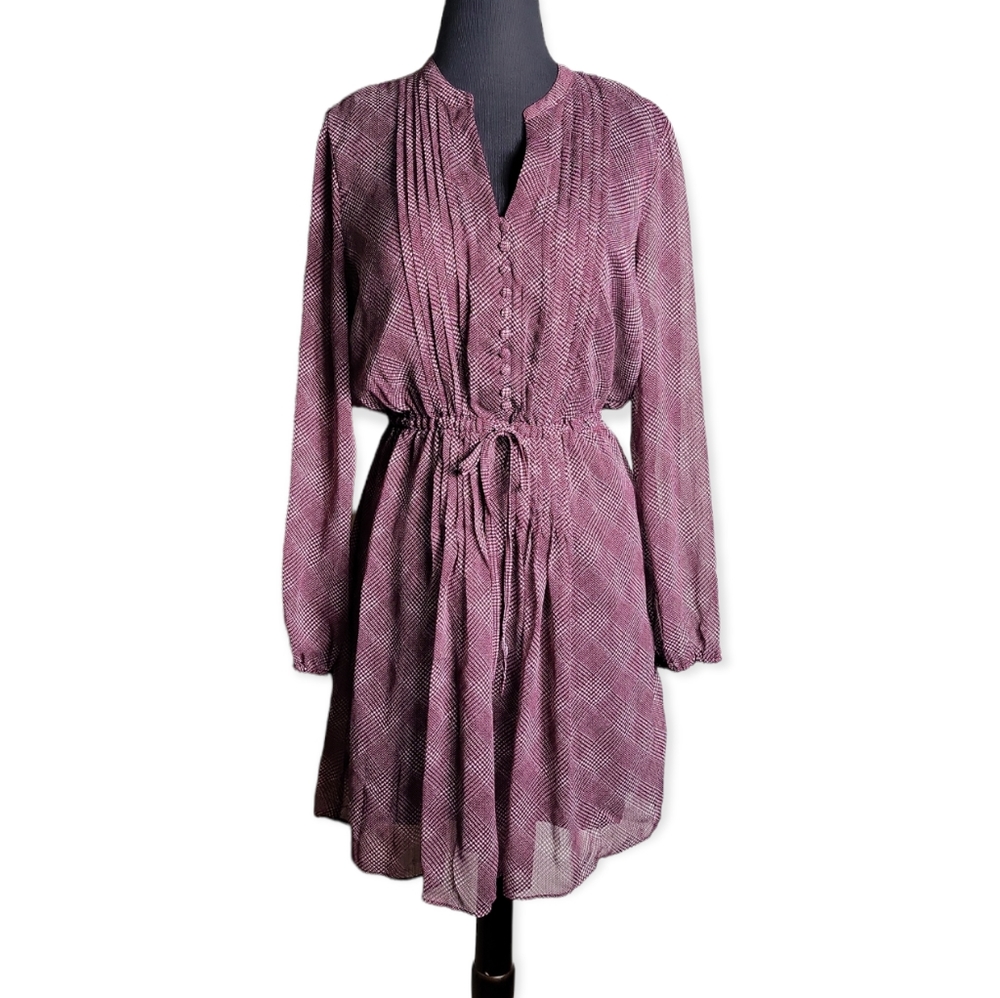 Maison Jules pintuck pleat long sleeve burgundy white dress size medium